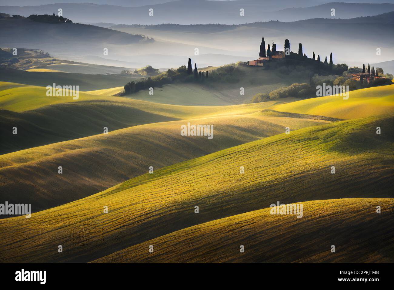 Toskanische neblige Landschaft bei Sonnenaufgang Illustration, 3D-Rendering Stockfoto