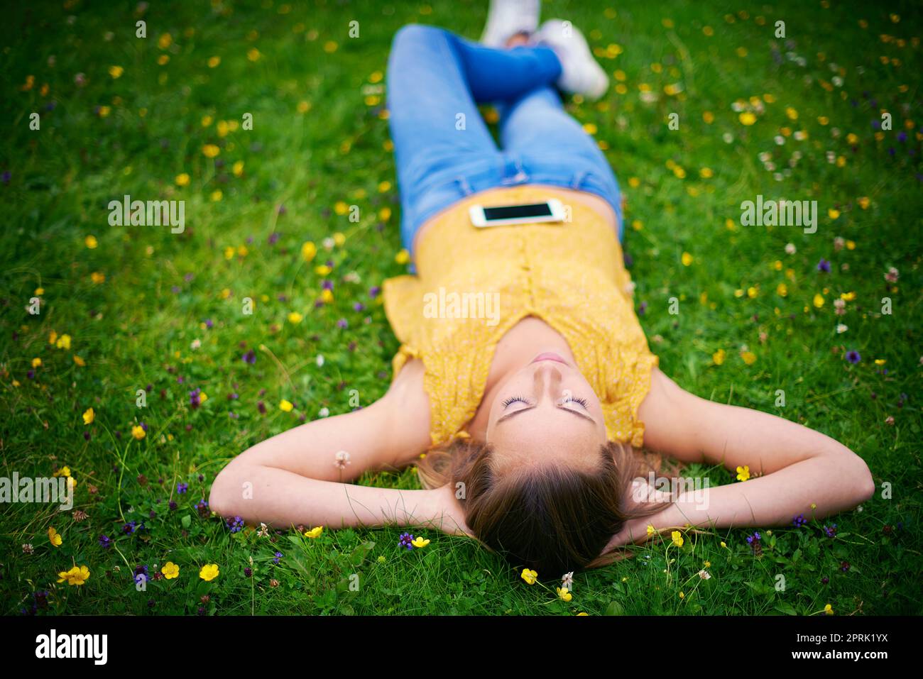 Einfache pleasuretheyre unschätzbare Schätze. Eine junge Frau, die sich auf einem Grasfeld legt. Stockfoto