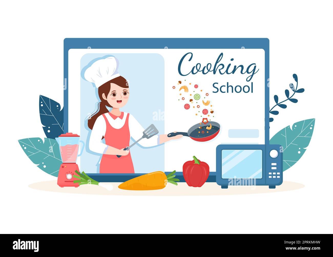 Live Streaming Online Kochen mit dem Koch in der Klasse Lernen Sie selbst zubereitetes Essen und verschiedene Gerichte in flacher Cartoon Hand Drawn Template Illustration Stockfoto