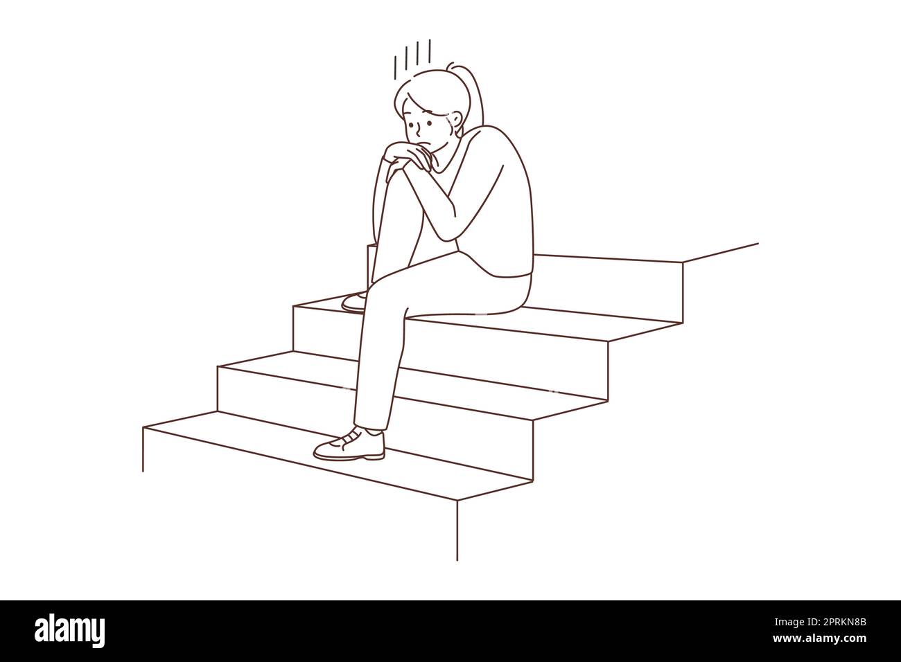 Unglückliche junge Frau, die auf der Treppe sitzt und sich deprimiert fühlt. Aufgewühltes Mädchen leidet an Einsamkeit oder Einsamkeit. Depression und Kommunikationsmangel. Vector illu Stockfoto