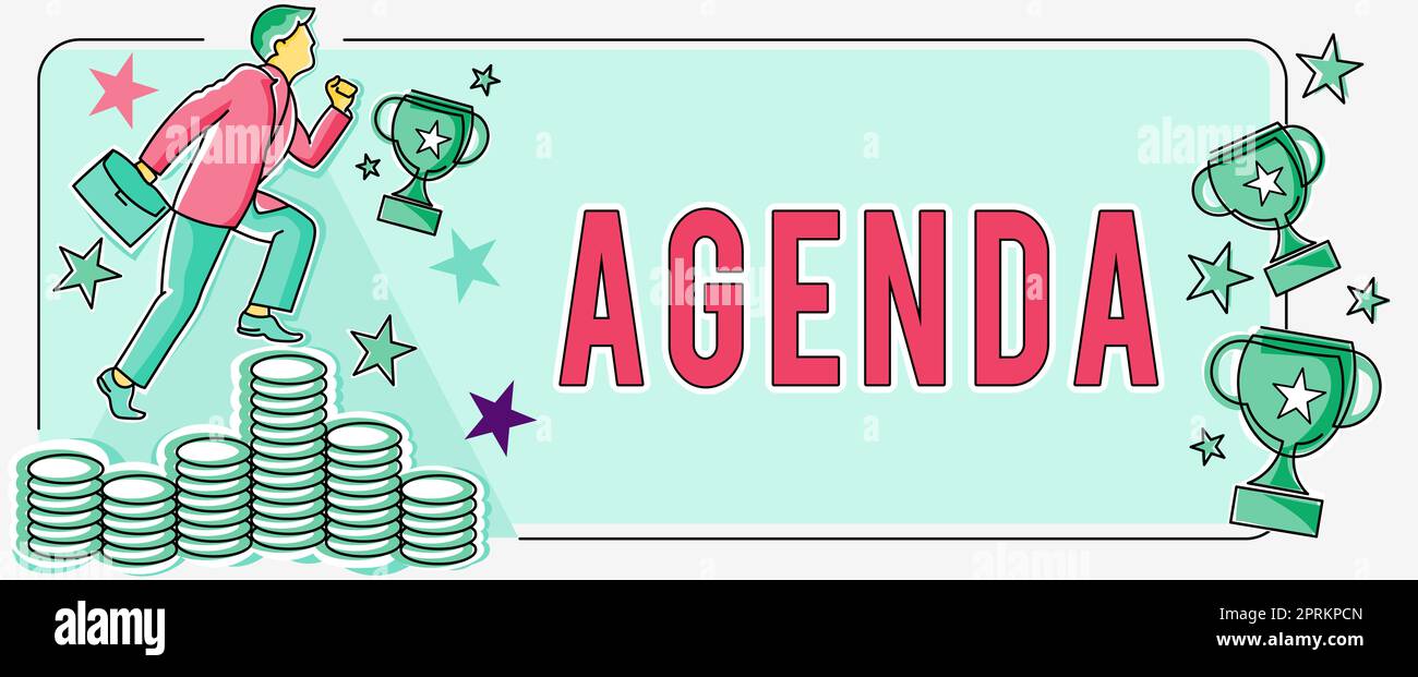Handschriftentext Agenda, Wort für Liste der Meeting-Aktivitäten in der Reihenfolge, in der sie aufgenommen werden sollen Mann klettert nach oben Geld, das projec repräsentiert Stockfoto