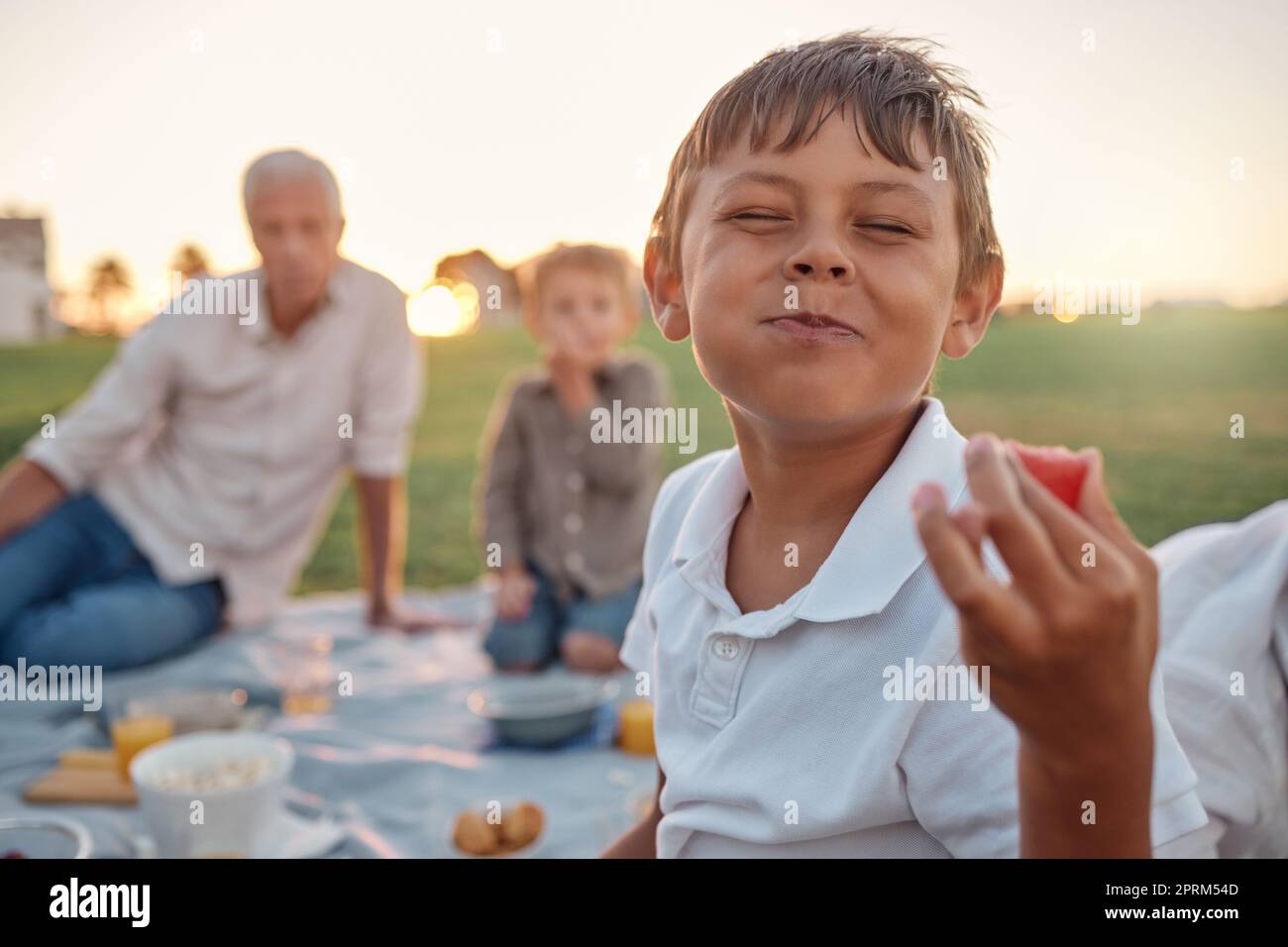 Glückliche Familie, Picknick und Kinder, die im Sommerurlaub gemeinsam Obst auf der Wiese essen. Ein kleines Kinderlächeln, Geschwister und Eltern entspannen bo Stockfoto