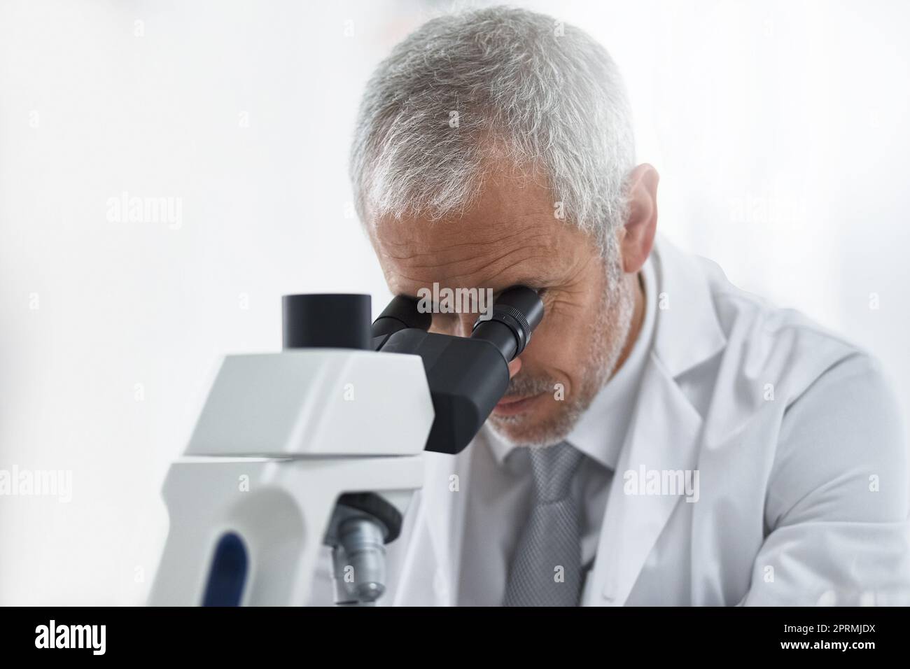 Der Schwerpunkt liegt auf der wissenschaftlichen Entdeckung. Ein Forscher bei der Arbeit an einem Mikroskop in einem Labor. Stockfoto