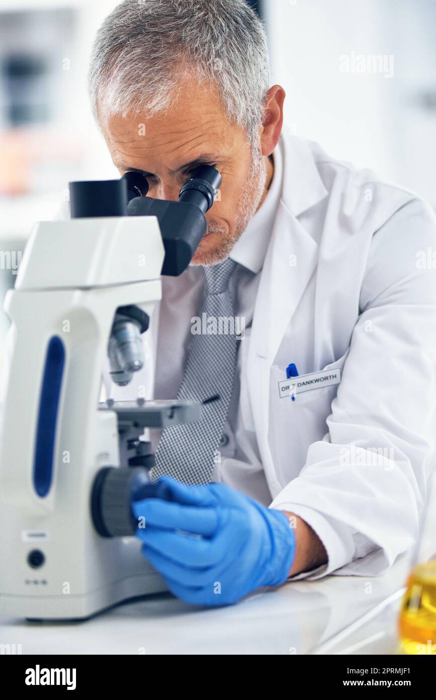 HES ein erfahrener Mikrobiologe. Ein wissenschaftlicher Forscher bei der Arbeit an einem Mikroskop in einem Labor. Stockfoto