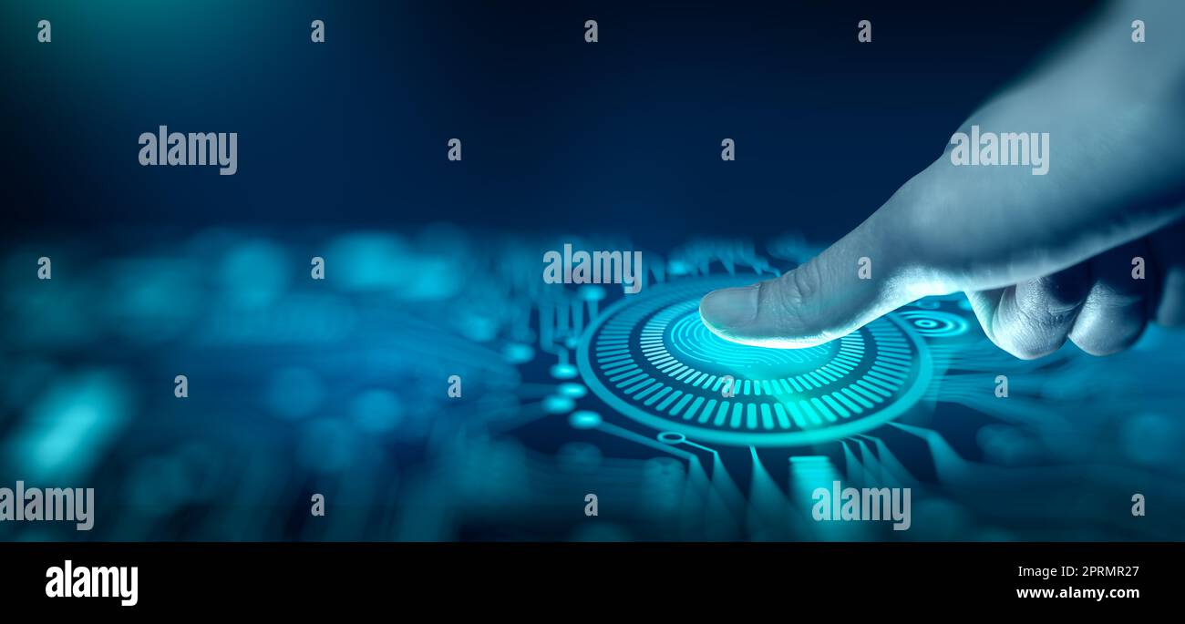 Fingerabdruck-Scan ermöglicht Zugriff mit biometrischer Identifizierung. Technologie-, Sicherheits- und Identifikationskonzept. Stockfoto