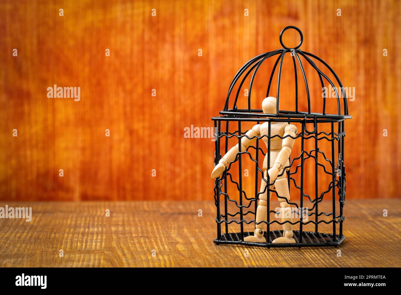 Eine Puppe in einem Vogelkäfig Stockfoto