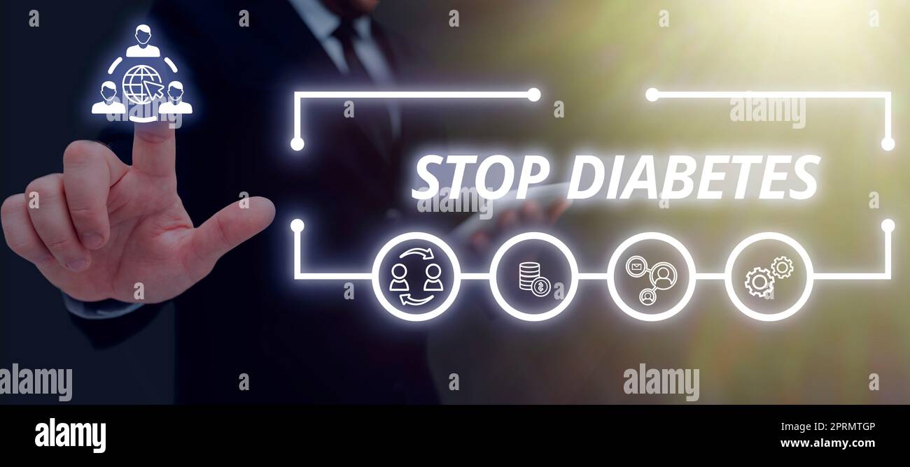 Schreiben von Textanzeige Stop Diabetes. Business Showcase Achten Sie auf Ihre Zuckerwerte gesunde Ernährung Ernährungsgewohnheiten Geschäftsmann drückt auf Sicherheitssymbol Schutz wichtiger Informationen. Stockfoto