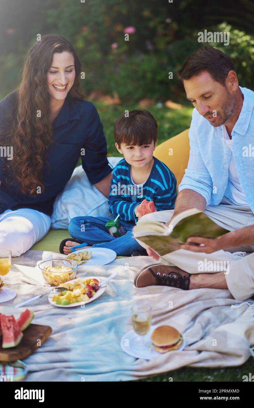 Kostbare Momente im Park. Eltern lesen ihrem Sohn während eines Picknicks im Park ein Buch vor. Stockfoto