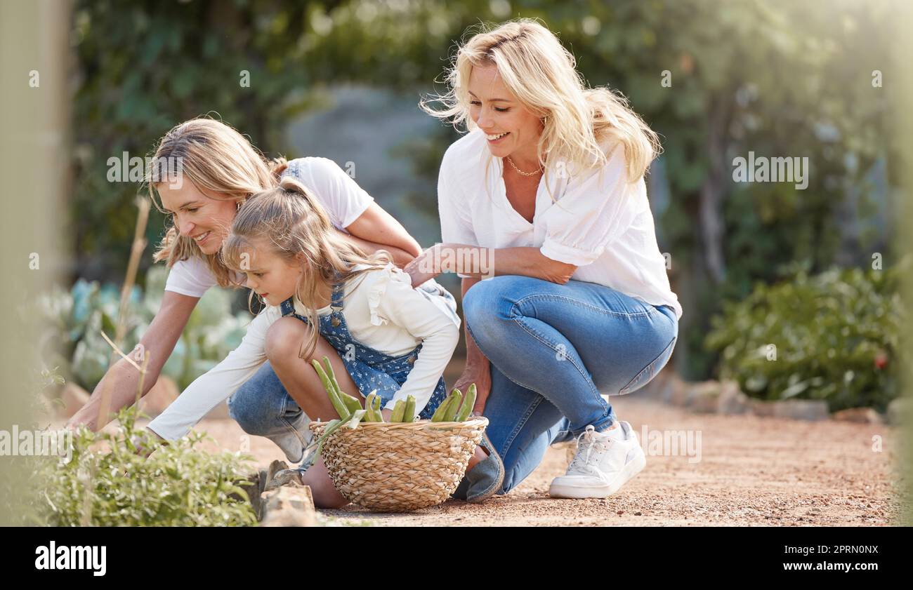 Garten, Familie und Natur mit Mutter und Kind Entspannen Sie im Sommer gemeinsam auf dem Bauernhof im Freien. Mutter, Mädchen und Großmutter sind zufrieden mit Nachhaltigkeit, Bauern und Pflanzen ernten mit Bindungszeit Stockfoto
