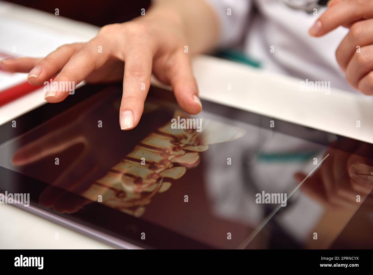 Der Wissenschaftler untersucht eine Röntgenaufnahme des Patienten auf dem Touchpad. Schließen Stockfoto