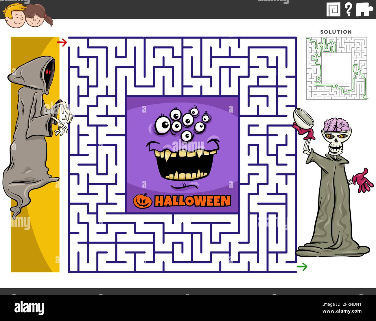 Labyrinth mit Cartoon-Skelett und Monster an Halloween Stock Vektor