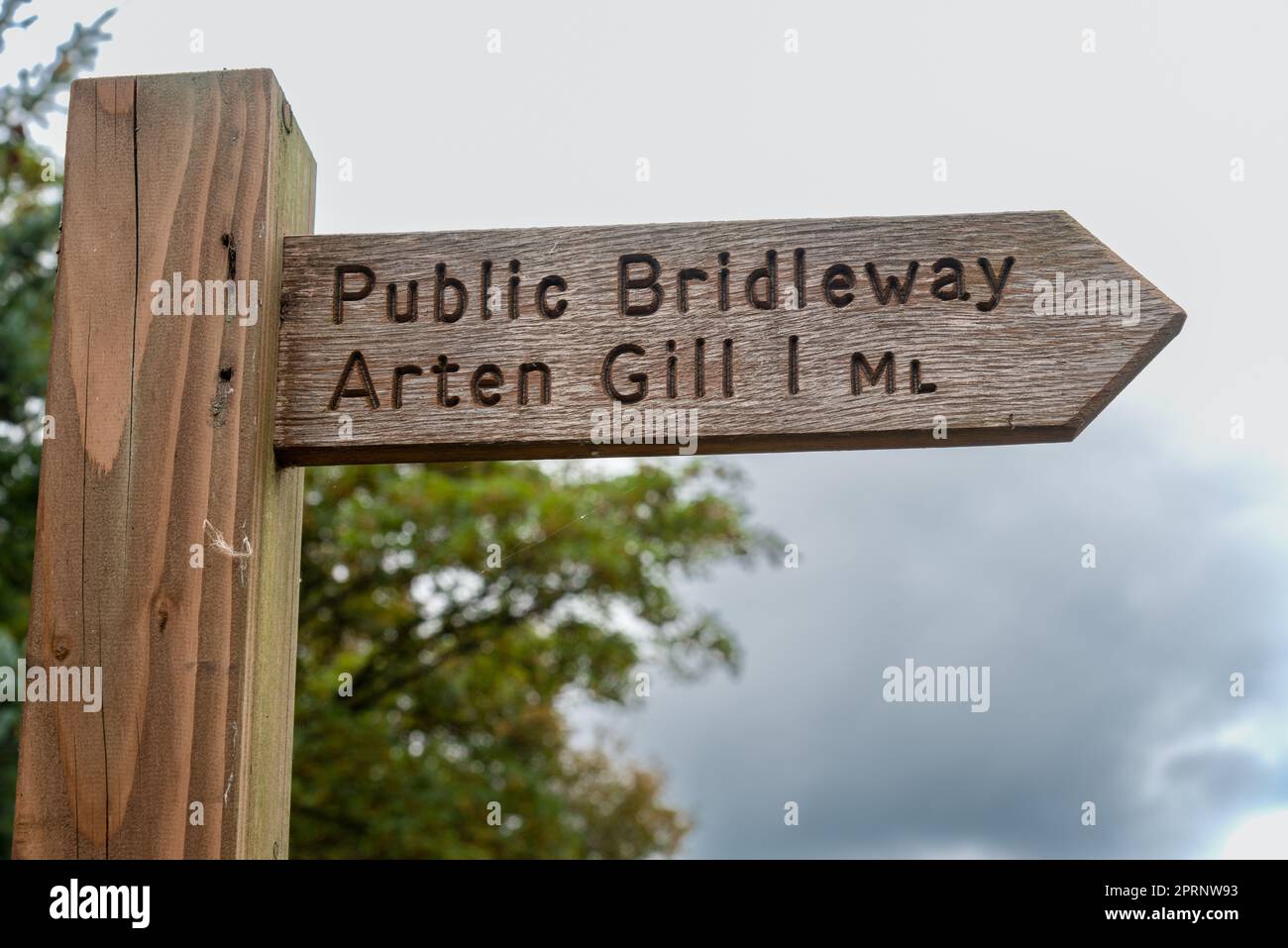 Holzschild für einen öffentlichen Brückenweg zum Arten Gill Viadukt in der Nähe von Sedbergh in den Yorkshire Dales in England, Großbritannien. Stockfoto