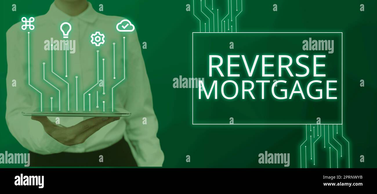 Inspiration mit dem Schild „Reverse Mortgageloan“ für Senioren ab sechzig Jahren zur Rückgabe. Das Wort, das für Senioren über 60 Jahren ausgeliehen wurde, wird zurückgegeben Stockfoto