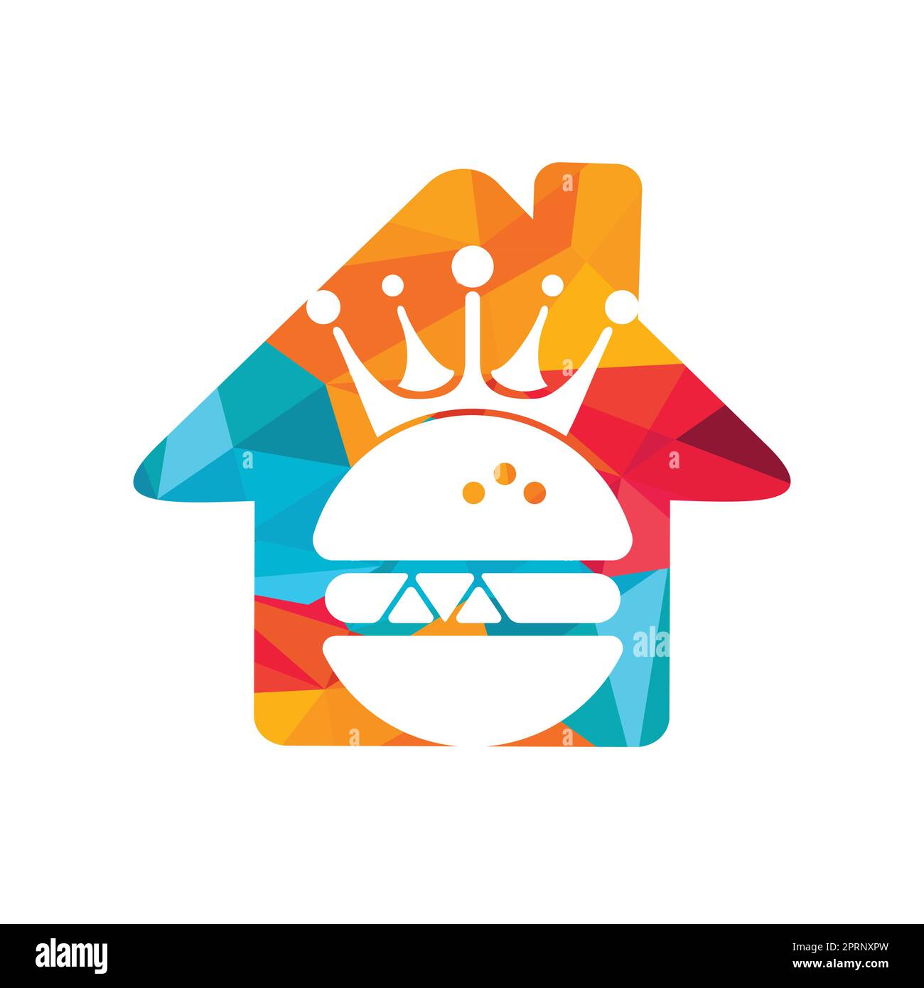 Burger King Vektor-Logo-Design. Burger mit Krone und Schnurrbart mit Logo in Heimform. Stock Vektor