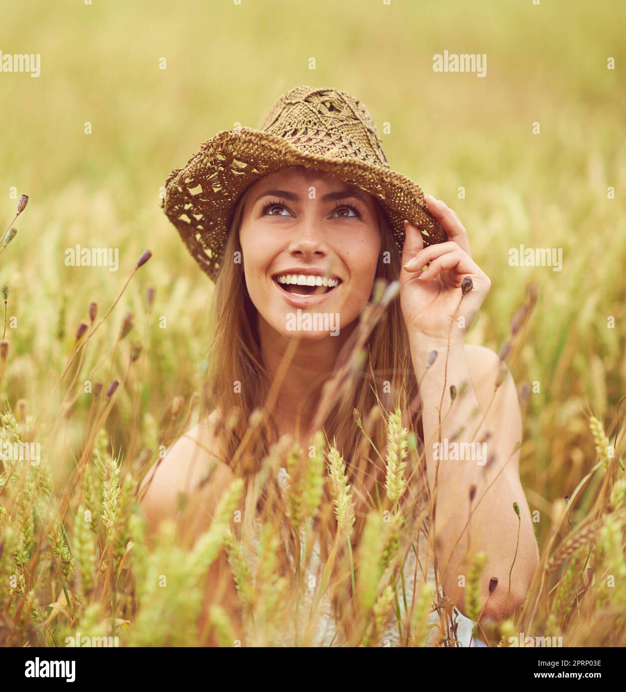 Abenteuer erwartet Sie. Eine junge Frau in einem Weizenfeld. Stockfoto