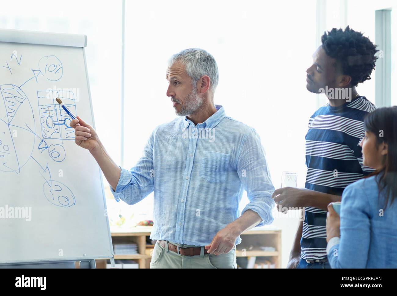 Ein reifer Geschäftsmann trifft sich mit seinem kreativen Team. Stockfoto