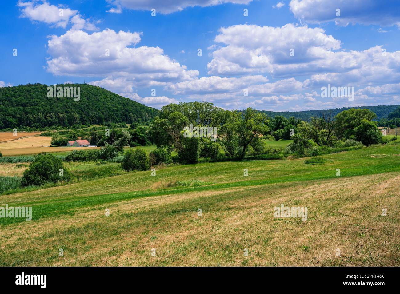 Idyllische Landschaft im Altmuehltal-Tal Stockfoto