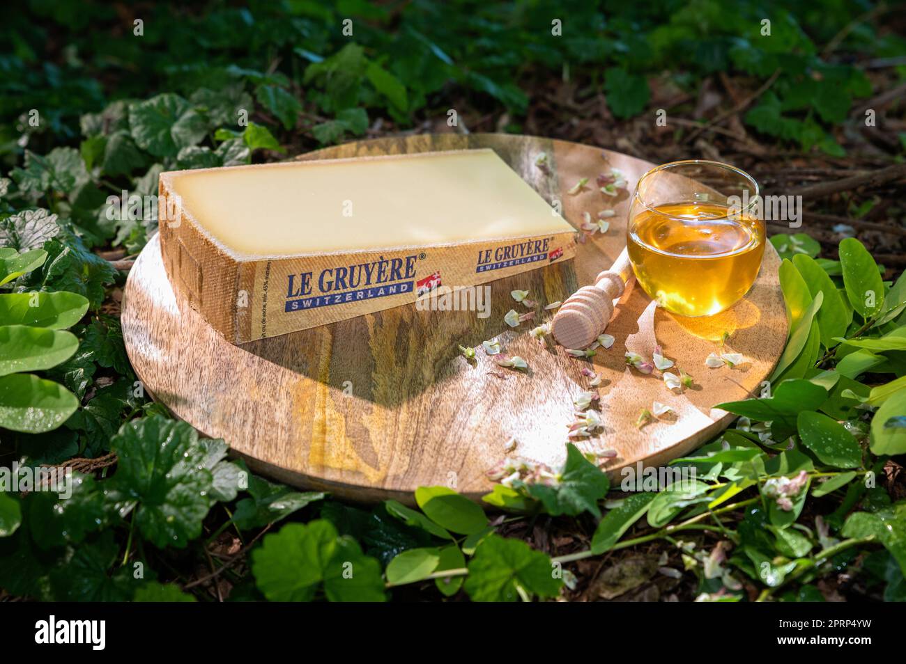 Le Gruyère AOP swiss und Honigtasse Stockfoto