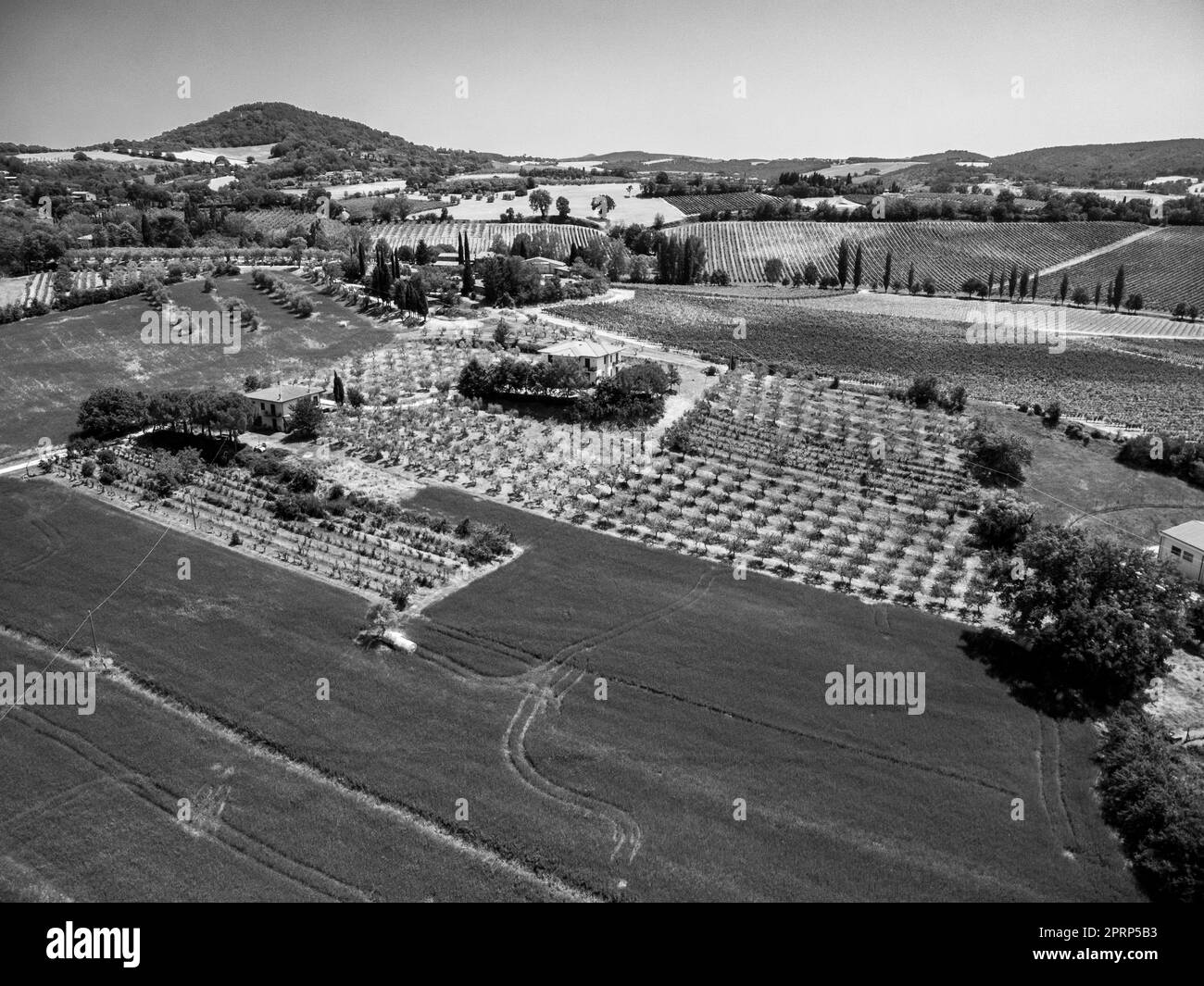 Val d'Orcia und Montepulciano von oben. Träume In Der Toskana. Stockfoto