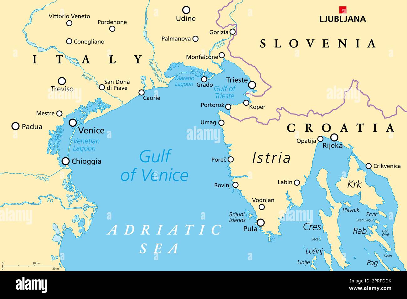 Golf von Venedig, politische Karte. Begrenzt durch das Po-Delta in Italien und die istrische Halbinsel in Kroatien, die ebenfalls an Slowenien grenzt. Adria. Stockfoto