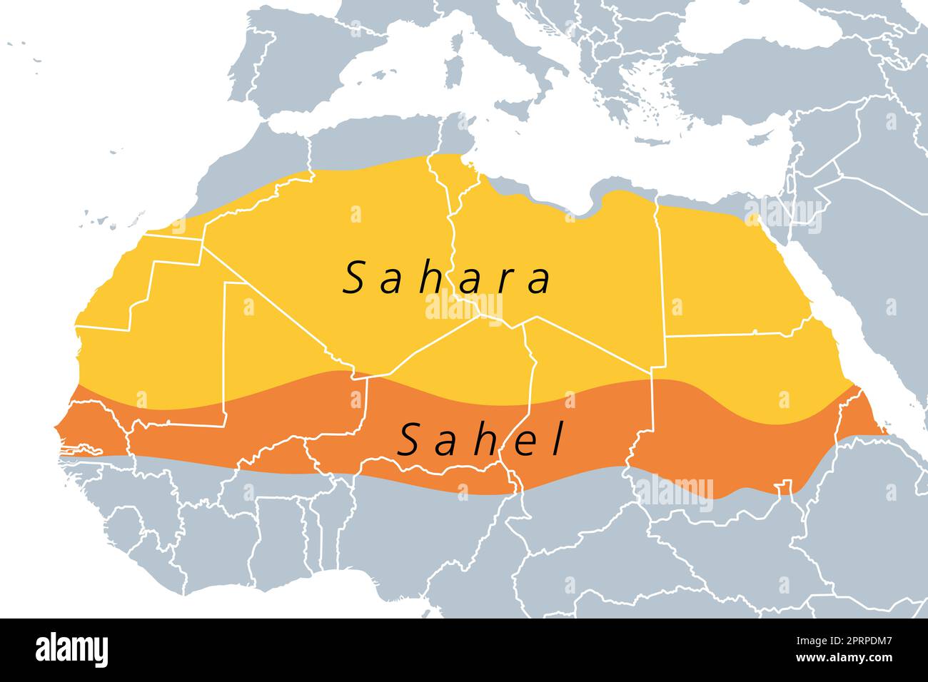 Die Sahara und die Sahelzone, politische Karte. Die größte heiße Wüste der Welt, die den größten Teil Nordafrikas ausmacht, und ein ökoklimatisches und biogeografisches Reich. Stockfoto