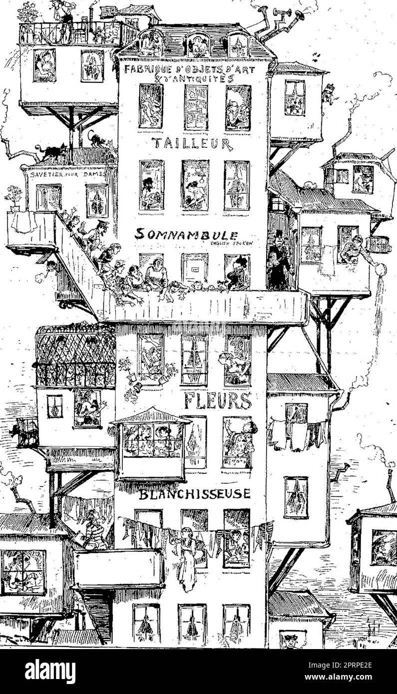 Albert Robida - achtzehnstöckiges Haus - Le Vingtième Siècle, oder 20. Jahrhundert - 1883. Stockfoto
