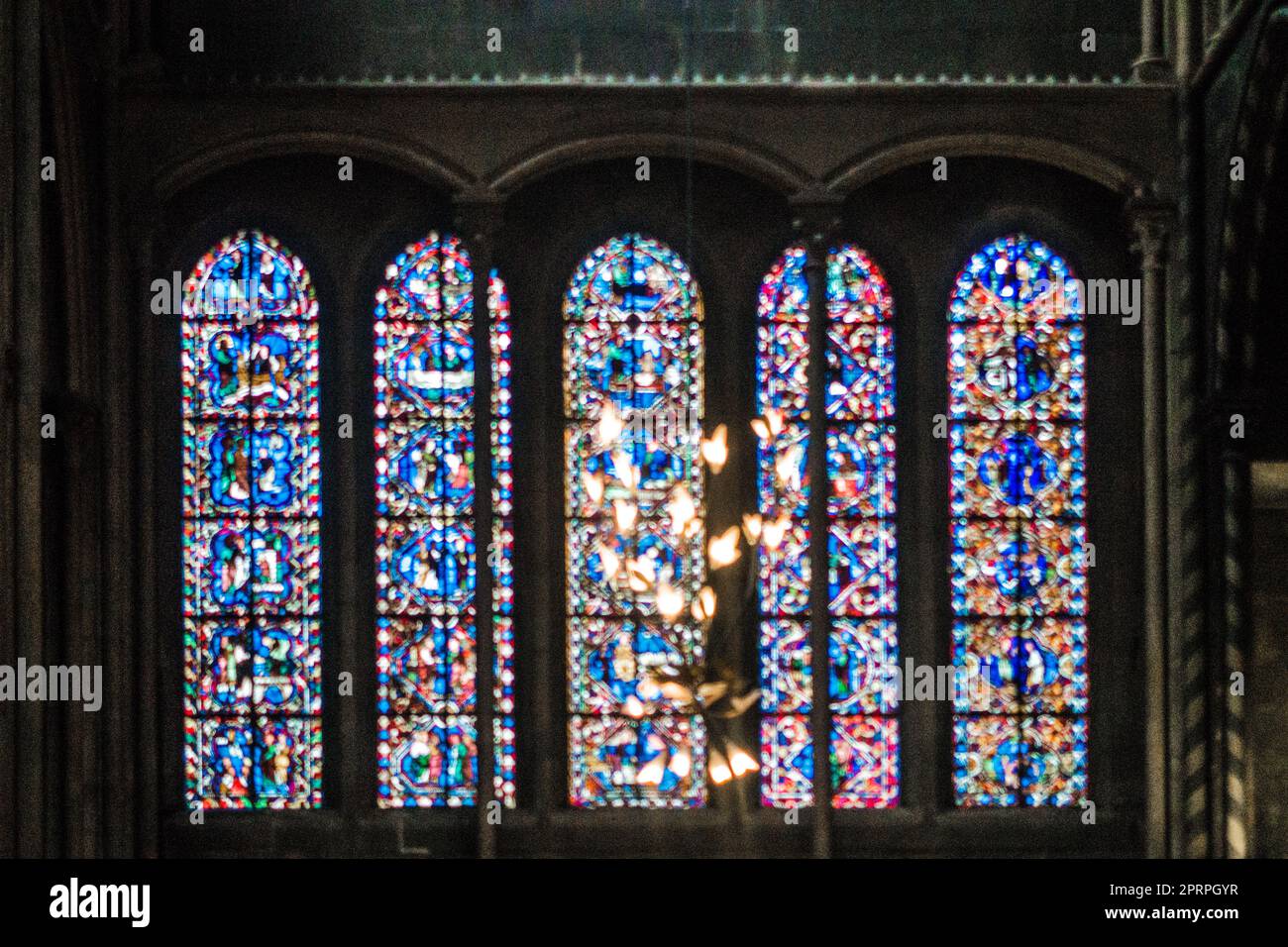 Eglise Notre-Dame de Dijon, Dijon, Frankreich. Buntglasfenster. Stockfoto