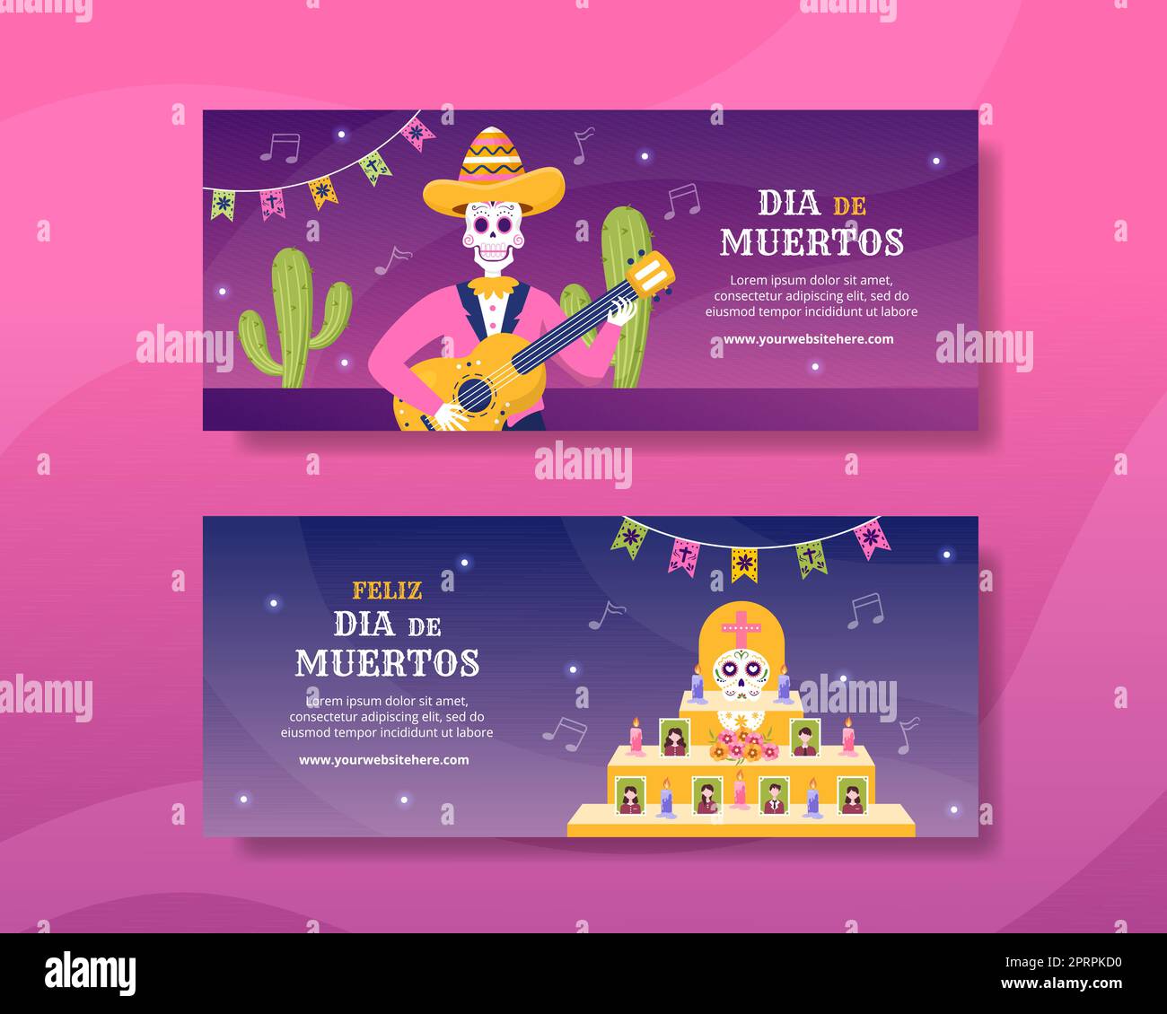 Dia De Los Muertos oder Tag der Toten Horizontale Banner-Vorlage Handgezeichnete Cartoon-Illustration Stock Vektor