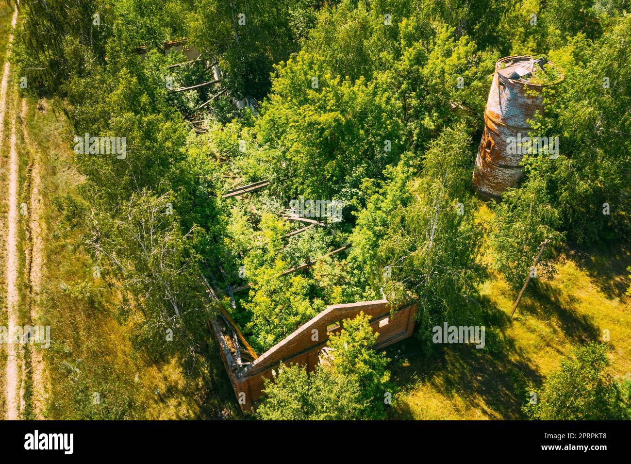 Weißrussland. Blick Aus Der Vogelperspektive Auf Das Ruine Cowshed In Der Tschernobyl Zone. Chornobyl-Katastrophen. Verfallenes Haus Im Belarussischen Dorf. Ganze Dörfer Müssen Beseitigt Werden. Umsiedlungszone Tschernobyl Stockfoto
