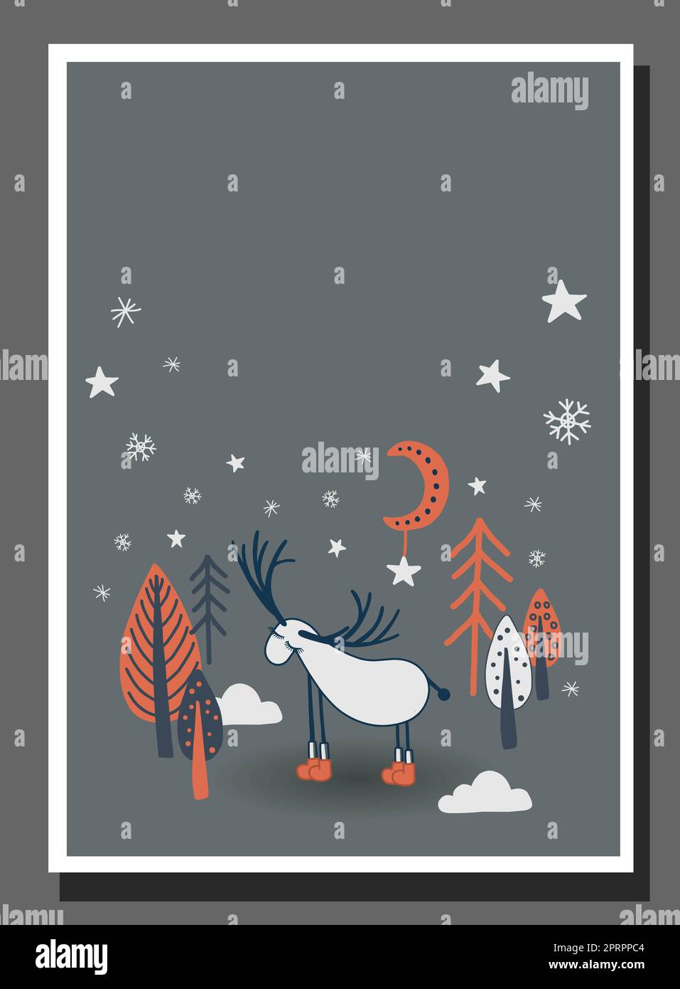 Poster für ein Kinderzimmer im nördlichen Stil. Skandinavischer Winterwald. Märchenwald. Hirsch.Weihnachten. Stockfoto