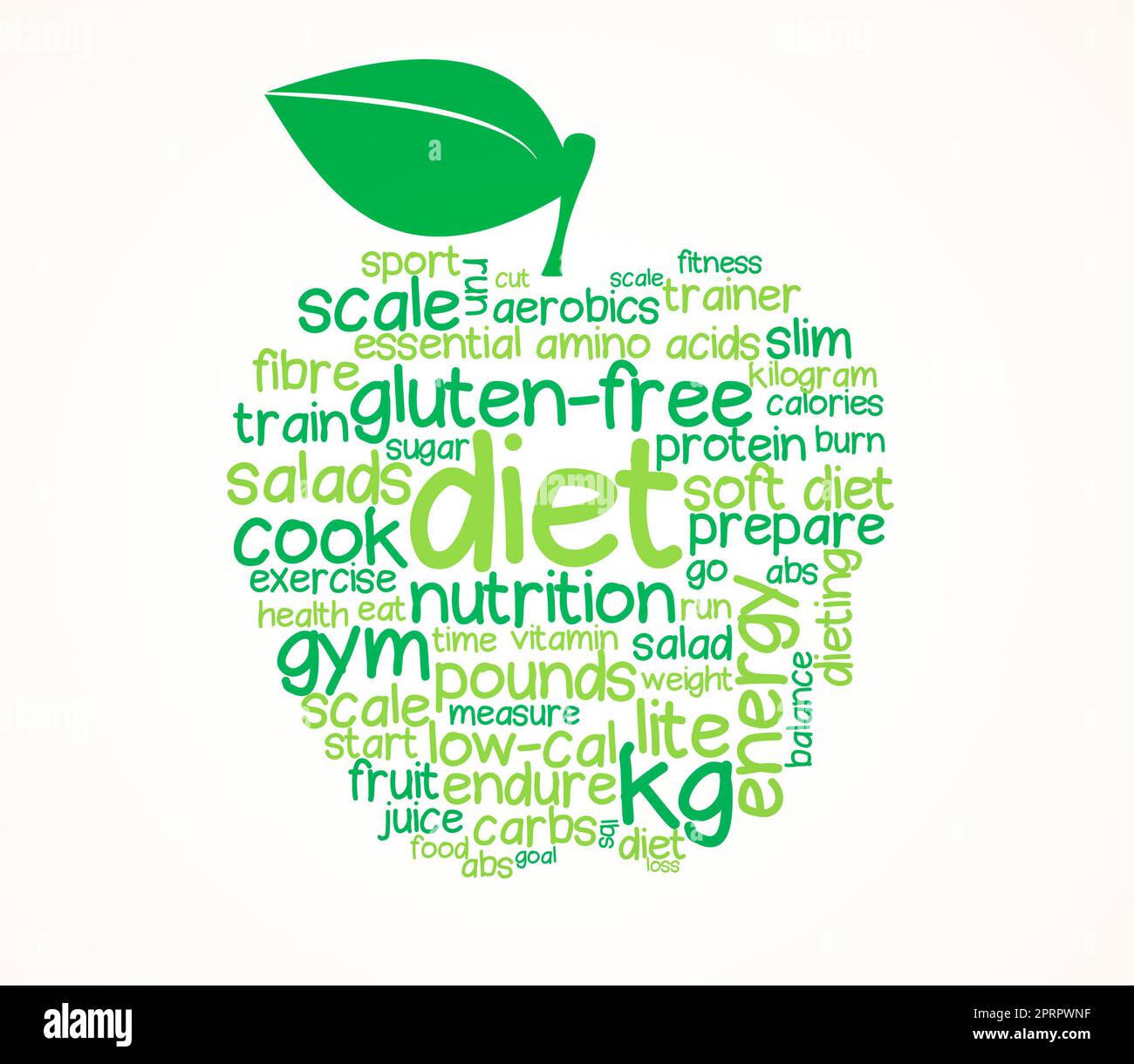 Essen Sie gesund. Eine grafische Darstellung eines Apfels aus Wörtern, die mit einer gesunden Ernährung in Verbindung stehen. Stockfoto