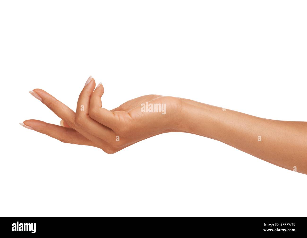 Ihre Hautprodukte wirken eindeutig Wunder. Eine junge Frau Hand isoliert auf einem weißen Hintergrund. Stockfoto