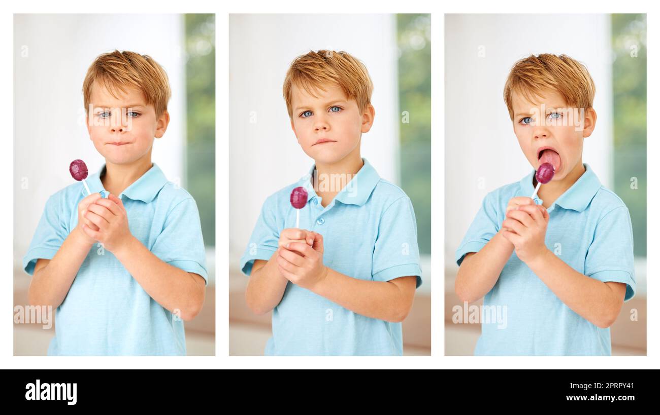 Ich liebe diese Lolly. Zusammengesetzte Aufnahme eines entzückenden kleinen Jungen, der einen Lutscher isst. Stockfoto