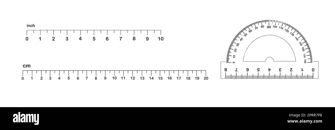 Messlängenmarkierungen von Linealen und Winkelmesser auf weißem Hintergrund, Collage. Illustration Stockfoto