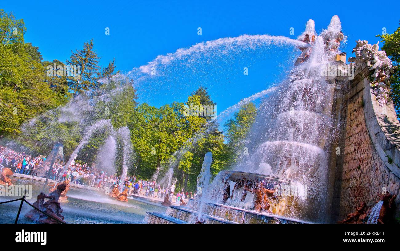 Skulpturale Brunnen, Königspalast, La Granja de San Ildefonso, Real Sitio de San Ildefonso, Biosphärenreservat UNESCO, San Ildefonso, Valsaín, Segovia Stockfoto
