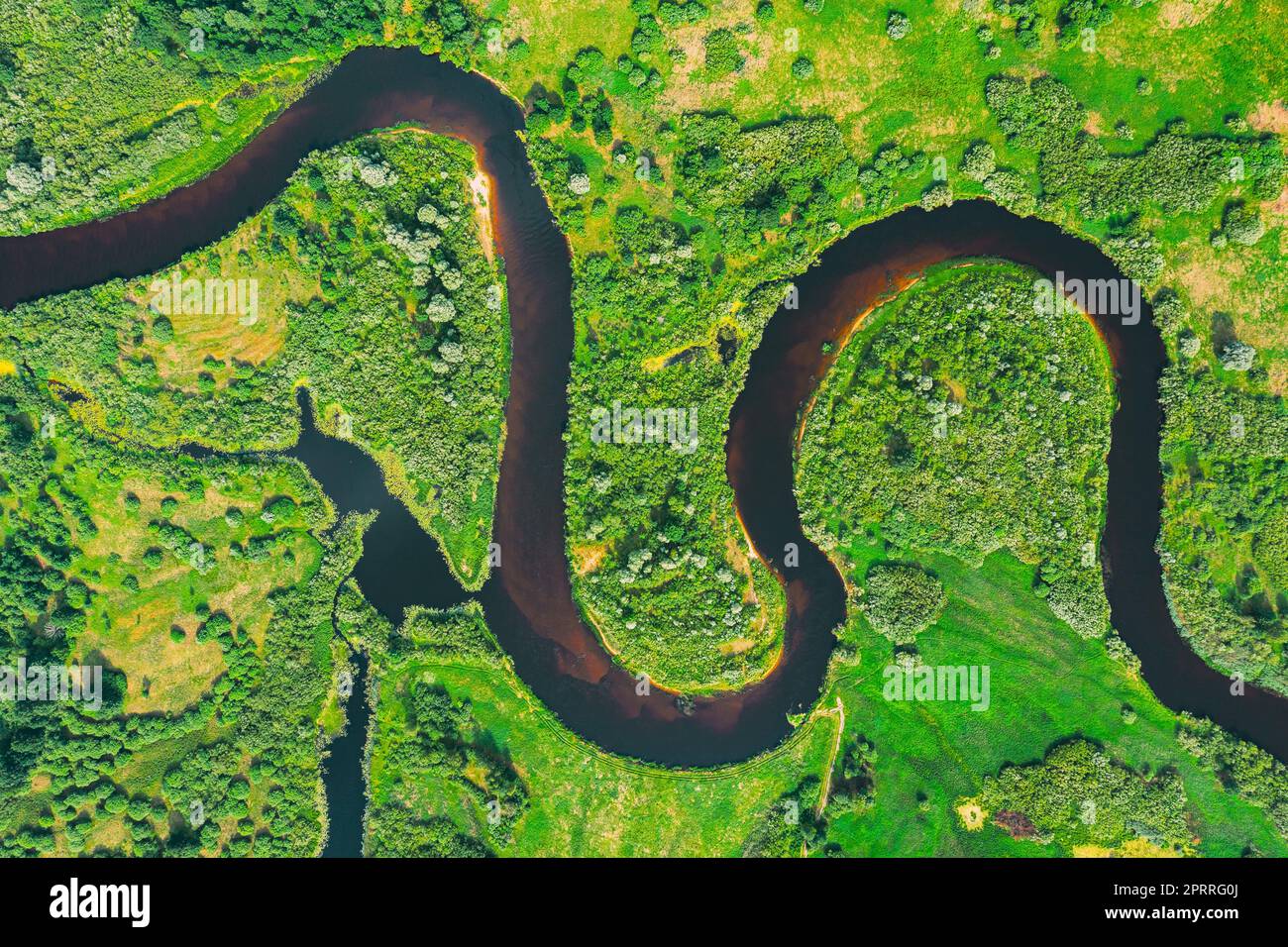 Luftaufnahme der sommerlichen geschwungenen Flusslandschaft am sonnigen Sommertag. Top-Blick Auf Die Wunderschöne Europäische Natur Von High Attitude In Der Sommersaison. Drohnenansicht. Vogelperspektive. Stockfoto