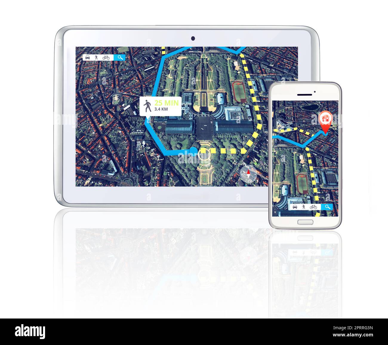 Wählen Sie die beste Route mit aktuellen gps-Daten. Ein Tablet und ein Smartphone mit GPS-Daten. Stockfoto
