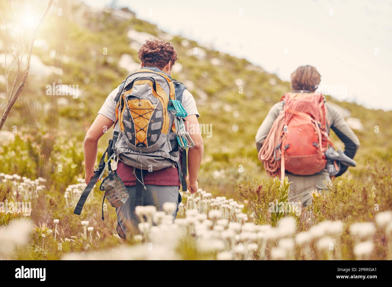 Wanderpaare, Natur und Wandern auf Bergen, Hügeln oder Natur Landschaft mit Wildblumen in Frankreich. Mann und Frau mit Rucksack in der Pause, Fitness oder Bewegung in Relax Workout für Gesundheit Stockfoto