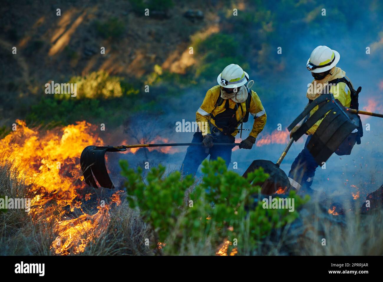 Dies muss unter Kontrolle zu bekommen. Feuerwehrmänner Bekämpfung eines wilden Feuers. Stockfoto