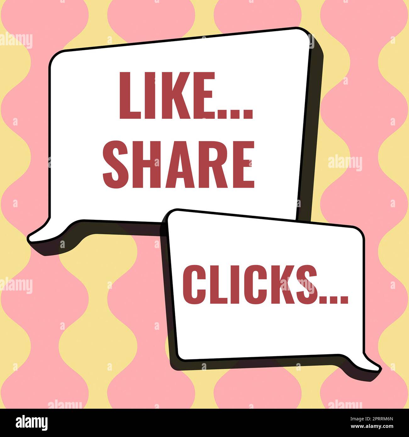 Schreiben, bei dem Text wie Klicks auf Freigeben angezeigt wird. Word geschrieben über Content Marketing zur Steigerung der emotionalen Mitarbeiterbindung Social Media Design Zeichnen einiger Comic-Frames als Hintergrund mit Sprechblasen Stockfoto