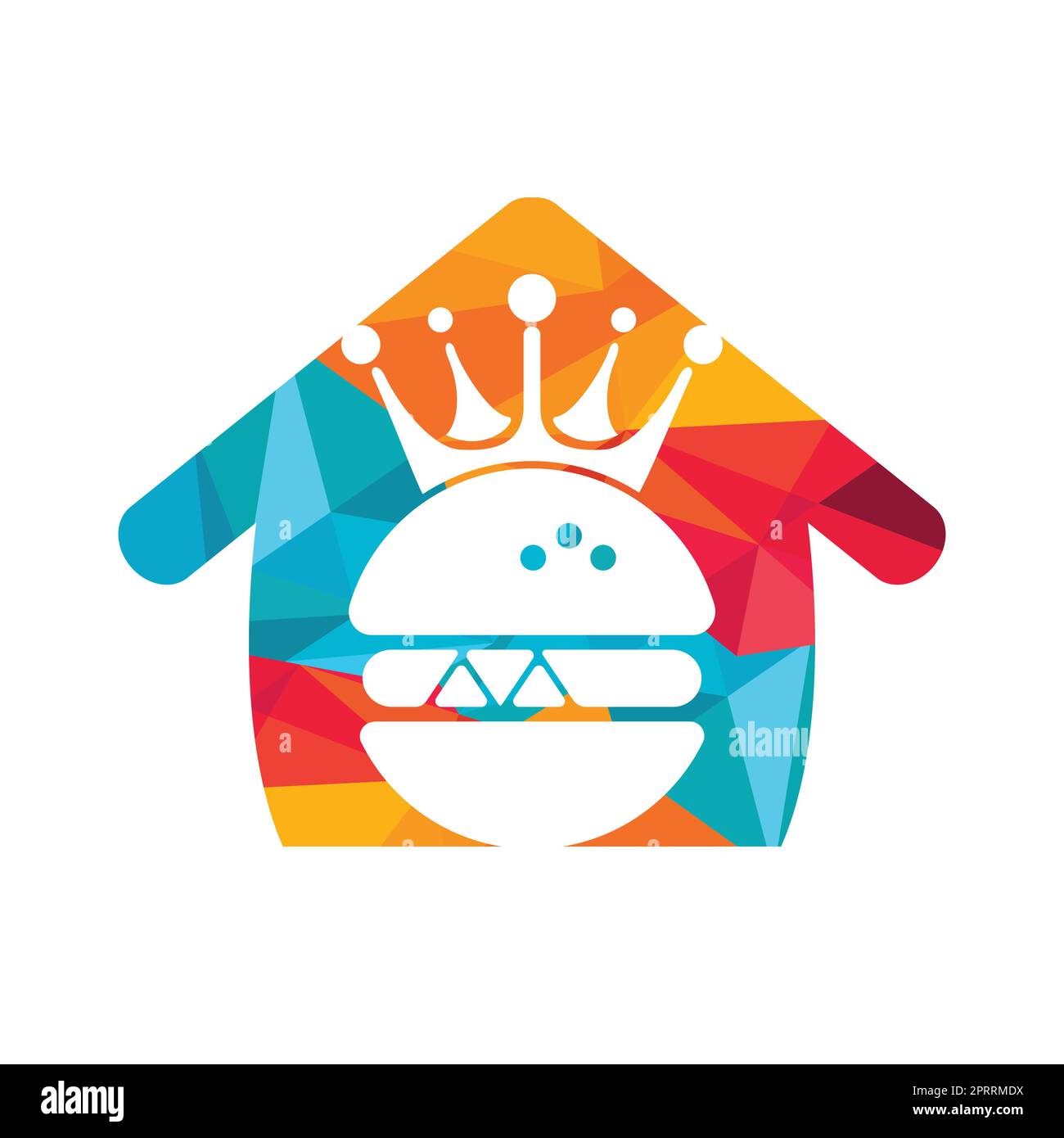 Burger King Vektor-Logo-Design. Burger mit Krone und Schnurrbart mit Logo in Heimform. Stock Vektor