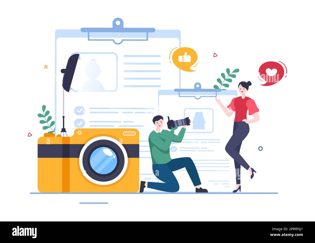 Model Portfolio Template Handgezeichnete Cartoon Flat Illustration mit Manager der Modeling Agency und Fotograf machen Fotos von Model in Platform Design Stockfoto
