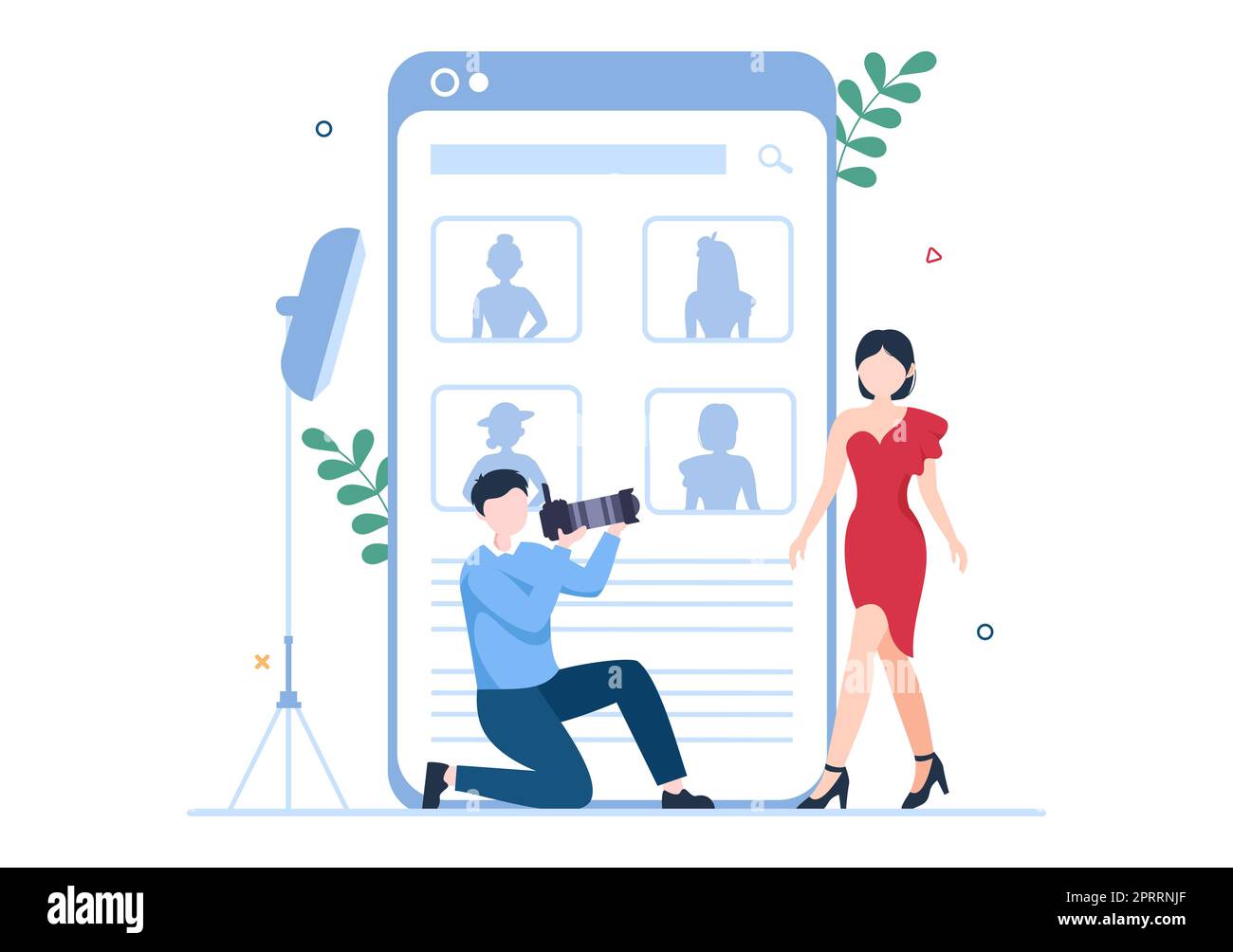 Model Portfolio Template Handgezeichnete Cartoon Flat Illustration mit Manager der Modeling Agency und Fotograf machen Fotos von Model in Platform Design Stockfoto