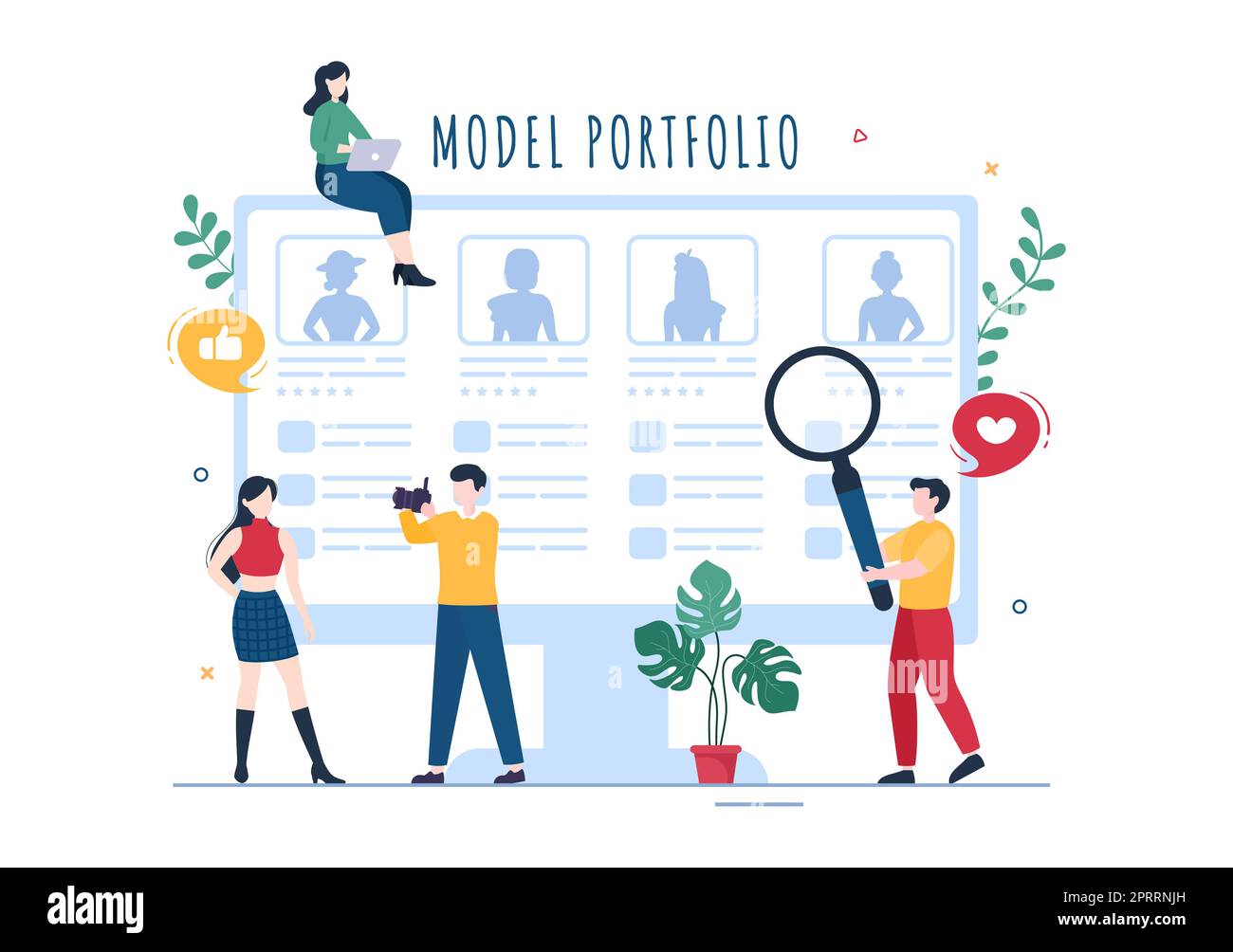 Model Portfolio Template Handgezeichnete Cartoon Flat Illustration mit Manager der Modeling Agency und Fotograf machen Fotos von Model in Platform Design Stockfoto
