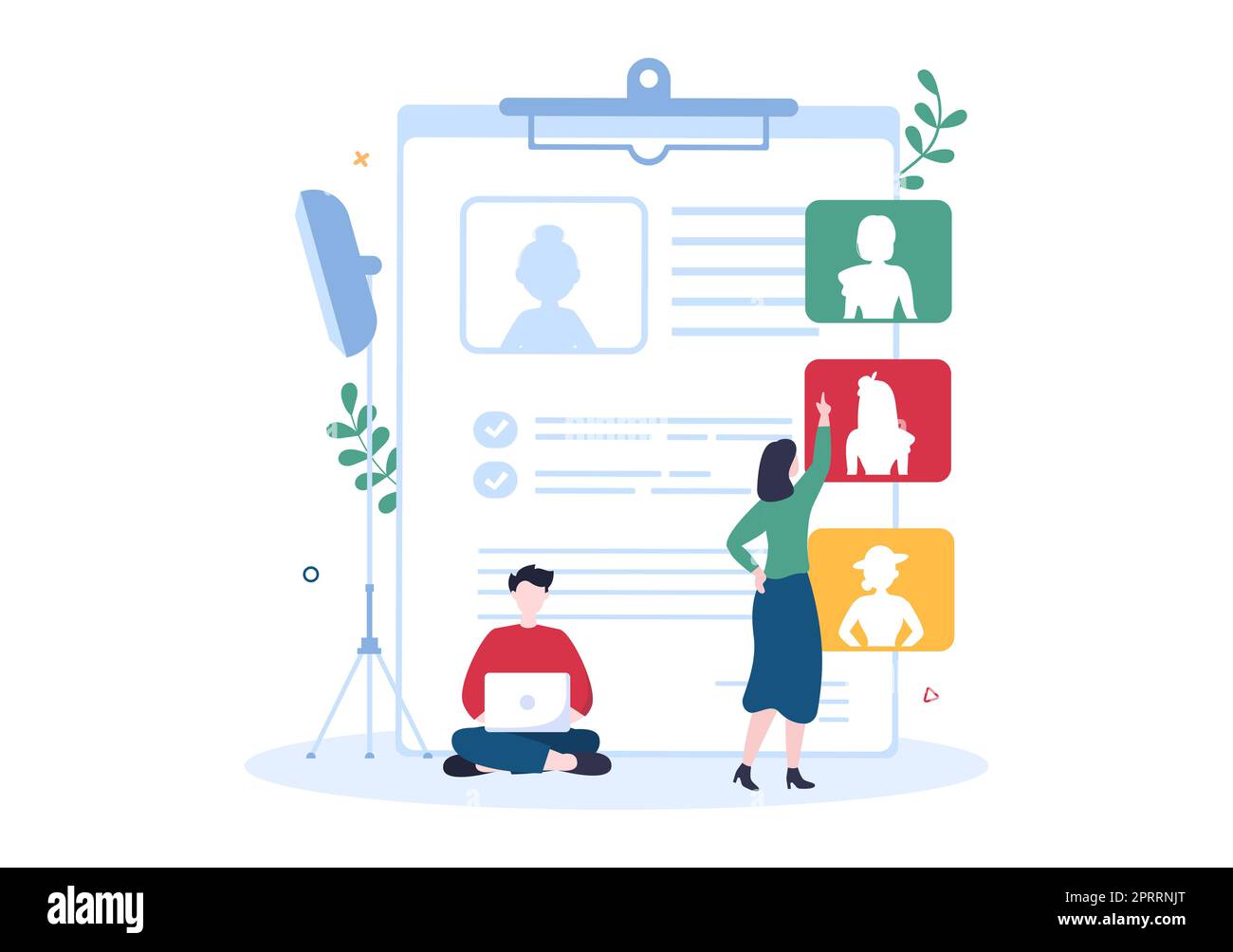 Model Portfolio Template Handgezeichnete Cartoon Flat Illustration mit Manager der Modeling Agency und Fotograf machen Fotos von Model in Platform Design Stockfoto