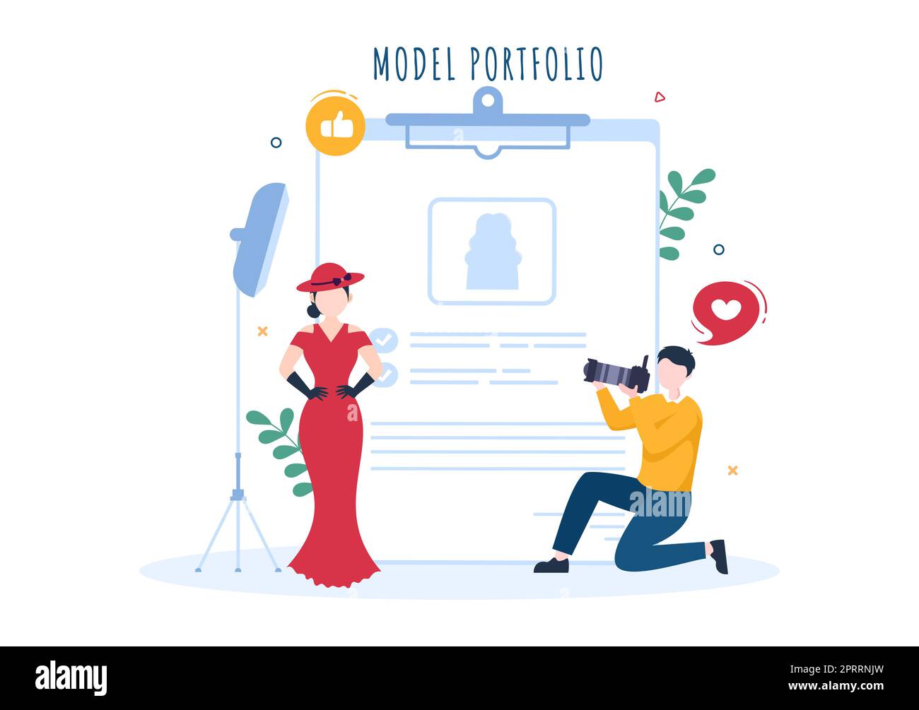 Model Portfolio Template Handgezeichnete Cartoon Flat Illustration mit Manager der Modeling Agency und Fotograf machen Fotos von Model in Platform Design Stockfoto