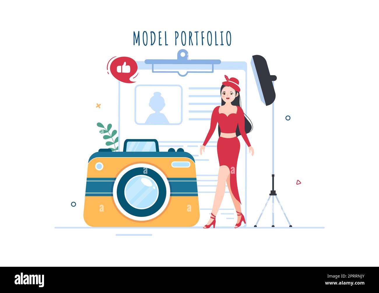 Model Portfolio Template Handgezeichnete Cartoon Flat Illustration mit Manager der Modeling Agency und Fotograf machen Fotos von Model in Platform Design Stockfoto