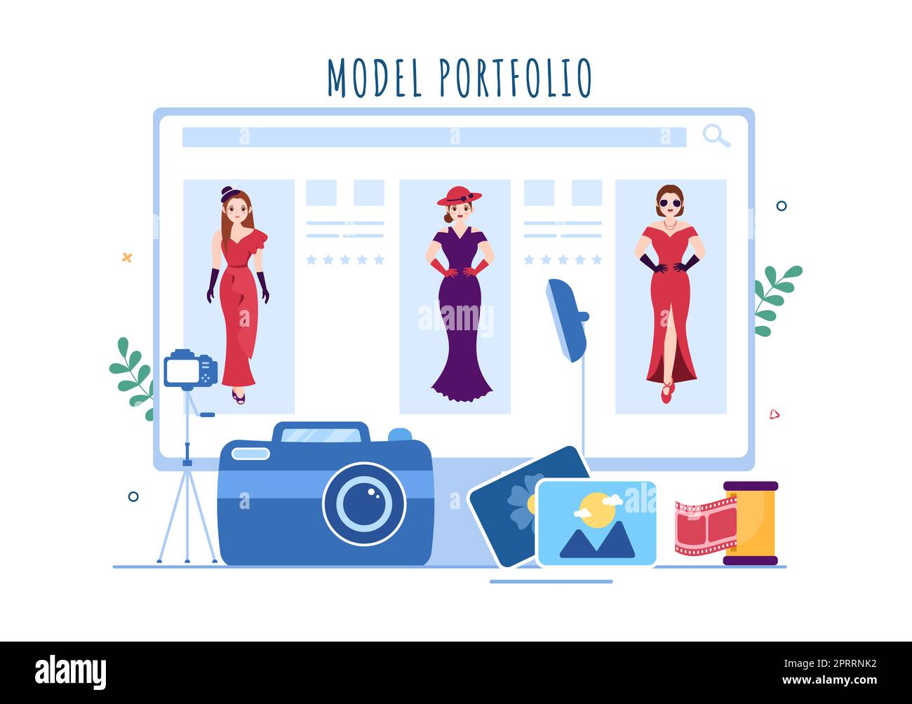 Model Portfolio Template Handgezeichnete Cartoon Flat Illustration mit Manager der Modeling Agency und Fotograf machen Fotos von Model in Platform Design Stockfoto