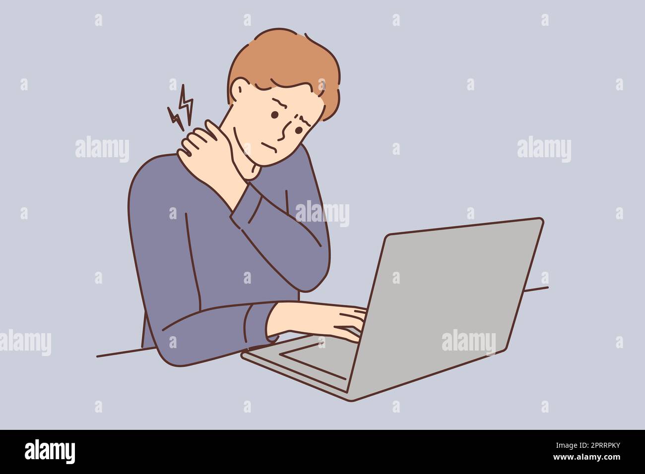 Ein müder junger Mann sitzt am Schreibtisch und arbeitet an einem Computer und hat Rückenschmerzen. Ein erschöpfter Kerl, der sein Notebook benutzt, hat Probleme mit Schmerzen in sitzender Position. Vektor krank Stockfoto