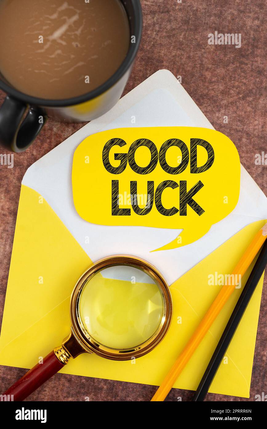 Inspiration mit Schild Viel Glück. Geschäftsidee Ein positives Glück oder ein glückliches Ergebnis, das eine Person haben kann Stockfoto